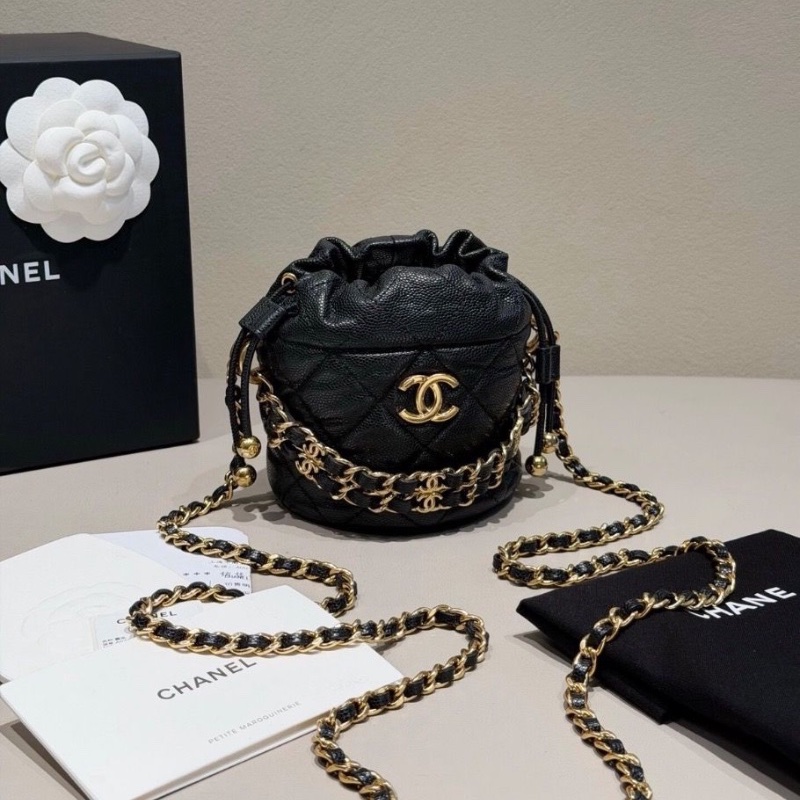 Chanel 雙鏈條 水桶 黑金 荔枝紋牛皮 芯片款11.5*10.5*10.5cm  95新 配件塵袋 購證-3