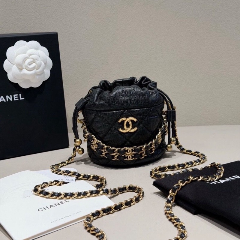 Chanel 雙鏈條 水桶 黑金 荔枝紋牛皮 芯片款11.5*10.5*10.5cm  95新 配件塵袋 購證-4