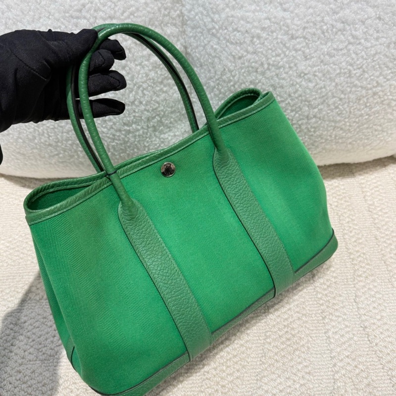 🌈Hermes💚Garden party 30💚竹子綠色帆布拼皮銀扣🌈99新🌟gardenparty30🌟gardenparty🌟花園包🌟愛馬仕🌟-5