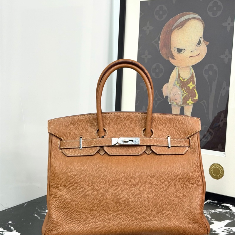Hermes 愛馬仕 birkin35 bk35 金棕 銀扣-0