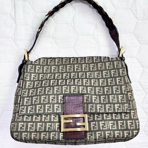 FENDI 少見 編織背帶 雙色老花 腋下包 綠 Vintage