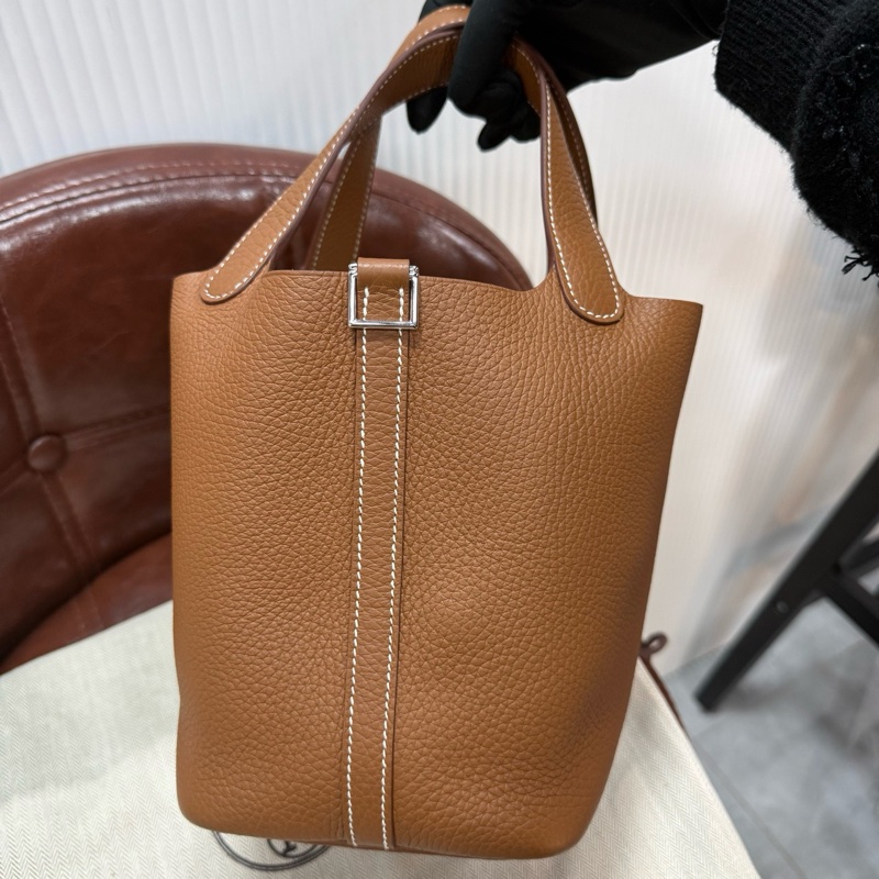 99新HERMES 愛馬仕 Picotin 18 小號菜籃子 金棕 銀扣 TC皮-8