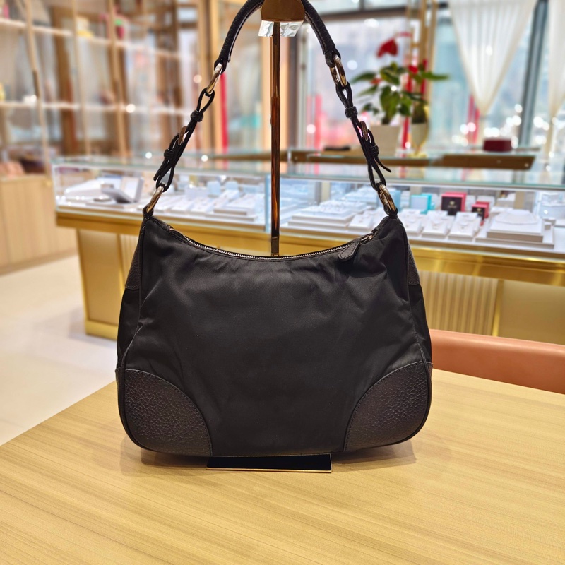 普拉達 Prada 黑銀尼龍拼皮機車hobo腋下包，🈚附件-1