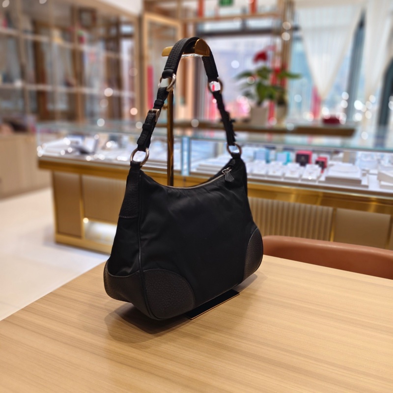 普拉達 Prada 黑銀尼龍拼皮機車hobo腋下包，🈚附件-3