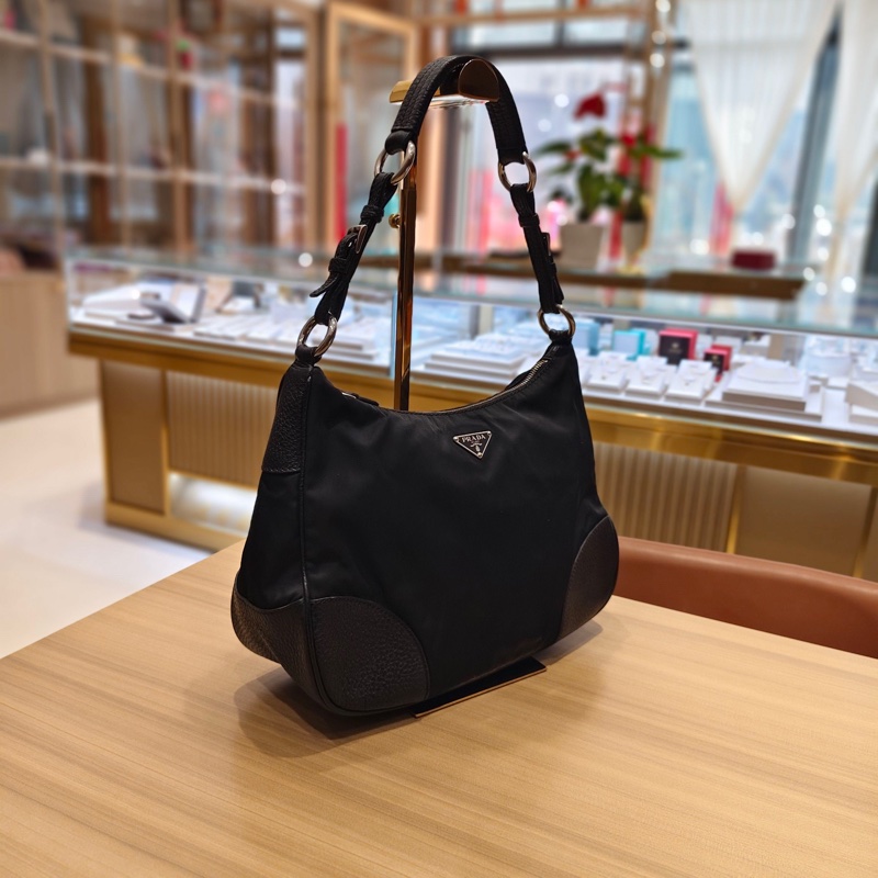 普拉達 Prada 黑銀尼龍拼皮機車hobo腋下包，🈚附件-4