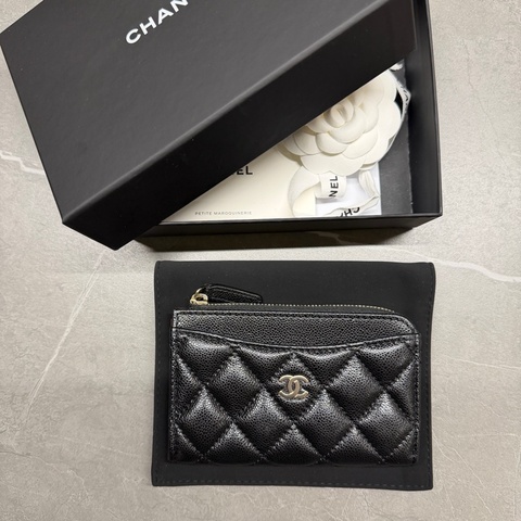 全新🖤Chanel L型荔枝紋牛皮淡金扣零錢卡包｜晶片款