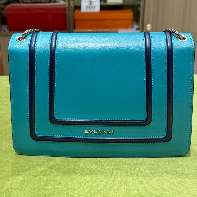 Bvlgarl宝格丽蛇头风琴包,蓝青色配黑色描边,🈚附件-1