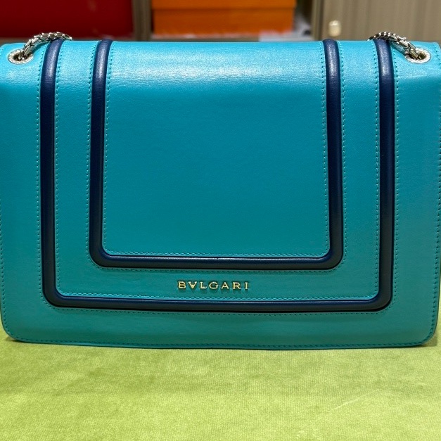 Bvlgarl宝格丽蛇头风琴包,蓝青色配黑色描边,🈚附件-5