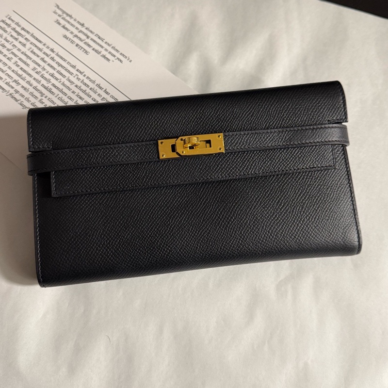 99新Hermes愛馬仕  五金有膜 黑金Kelly long長款錢包 可配肩帶斜挎 A刻 E皮-0