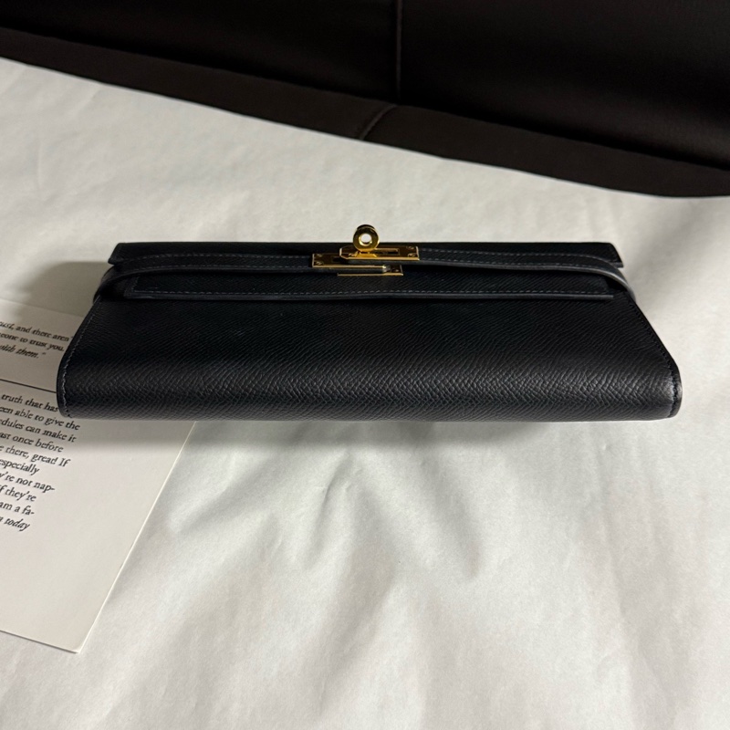 99新Hermes愛馬仕  五金有膜 黑金Kelly long長款錢包 可配肩帶斜挎 A刻 E皮-4