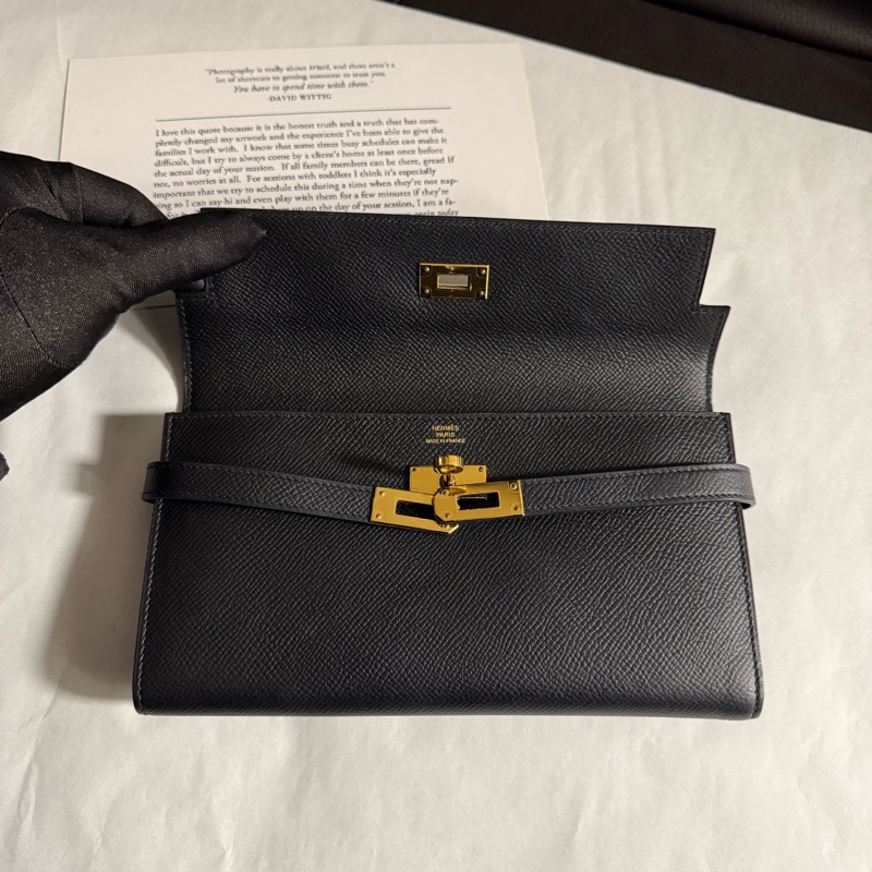 99新Hermes愛馬仕  五金有膜 黑金Kelly long長款錢包 可配肩帶斜挎 A刻 E皮-5
