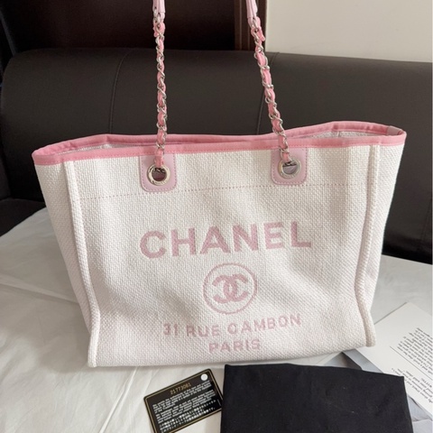 Chanel香奈兒小號購物包淡粉色銀扣沙灘包單肩包 21開有卡