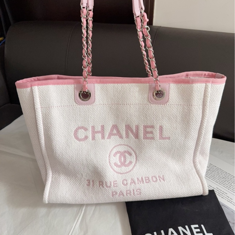 Chanel香奈兒小號購物包淡粉色銀扣沙灘包單肩包 21開有卡-1