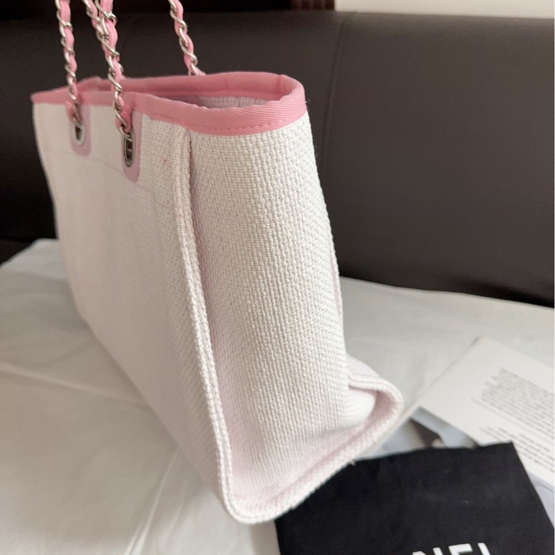 Chanel香奈兒小號購物包淡粉色銀扣沙灘包單肩包 21開有卡-3