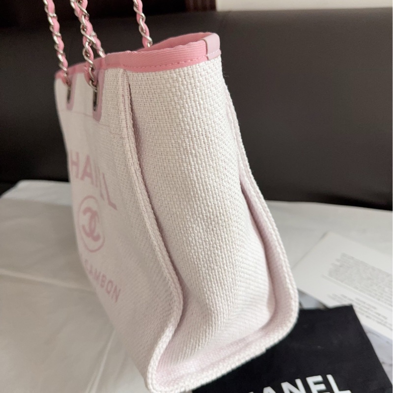 Chanel香奈兒小號購物包淡粉色銀扣沙灘包單肩包 21開有卡-4