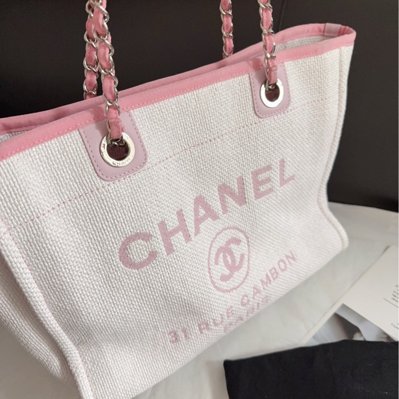 Chanel香奈兒小號購物包淡粉色銀扣沙灘包單肩包 21開有卡-5