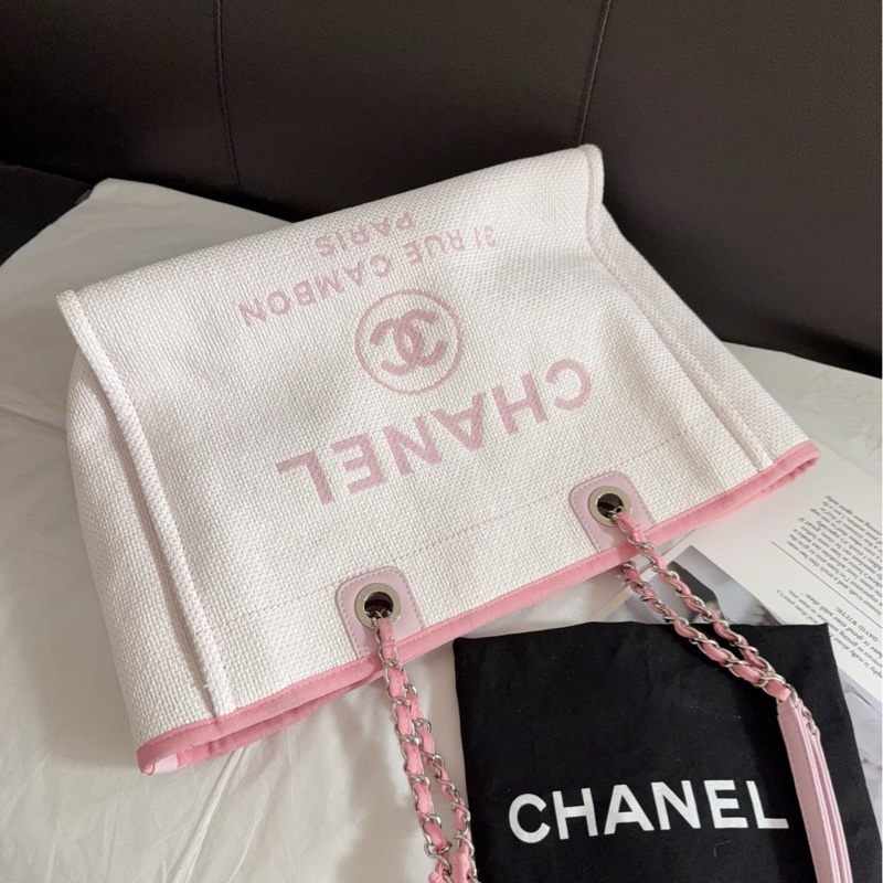 Chanel香奈兒小號購物包淡粉色銀扣沙灘包單肩包 21開有卡-7