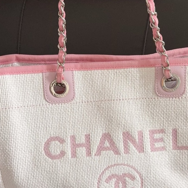 Chanel香奈兒小號購物包淡粉色銀扣沙灘包單肩包 21開有卡-9