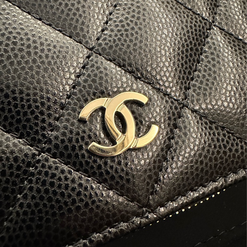 CHANEL 經典菱格紋荔枝牛皮黑淡金拉鍊卡包/零錢包-6