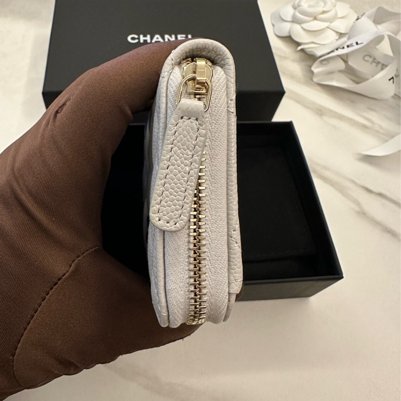 CHANEL 菱格紋荔枝紋牛皮奶茶色淡金拉鍊零錢包-2