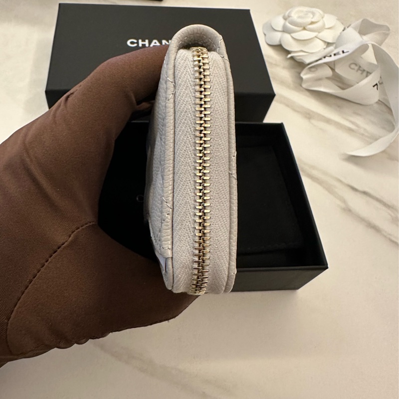 CHANEL 菱格紋荔枝紋牛皮奶茶色淡金拉鍊零錢包-3