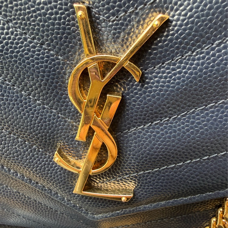 近新YSL深藍色山型紋魚子醬牛皮金鍊 大款WOC /鍊條包/斜背包 377828-2