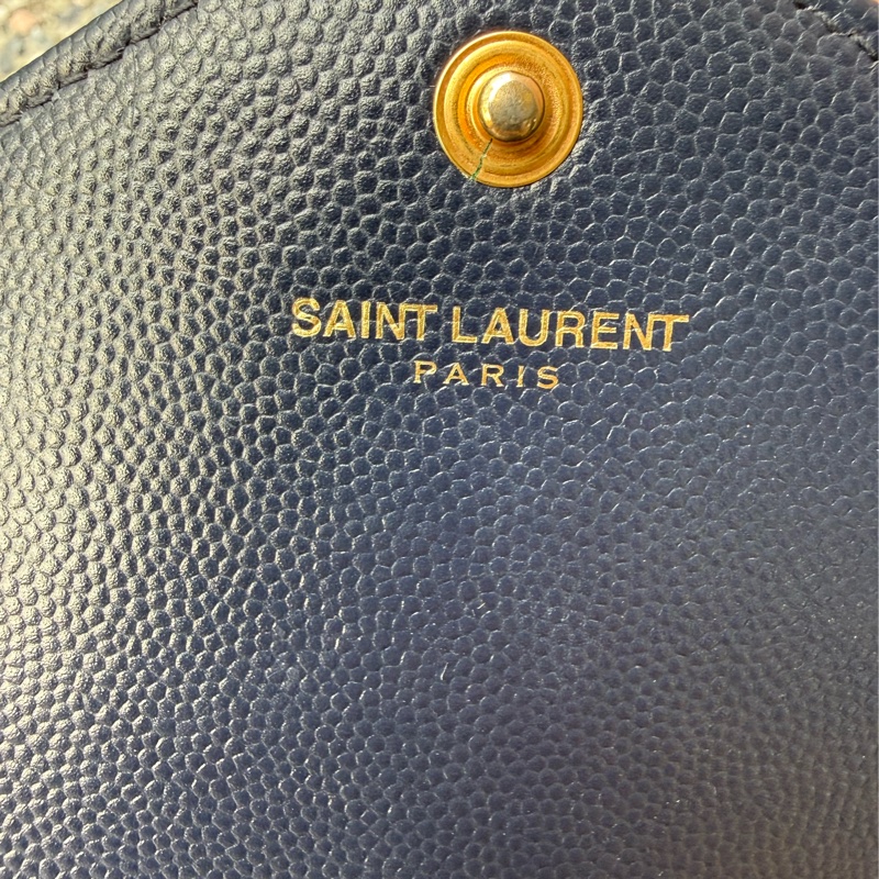 近新YSL深藍色山型紋魚子醬牛皮金鍊 大款WOC /鍊條包/斜背包 377828-10