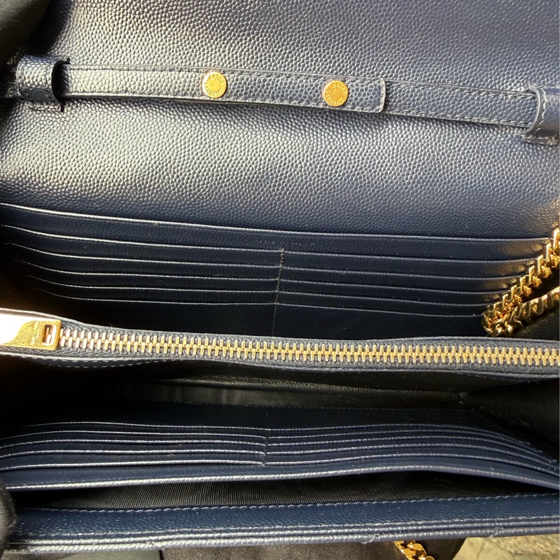 近新YSL深藍色山型紋魚子醬牛皮金鍊 大款WOC /鍊條包/斜背包 377828-12