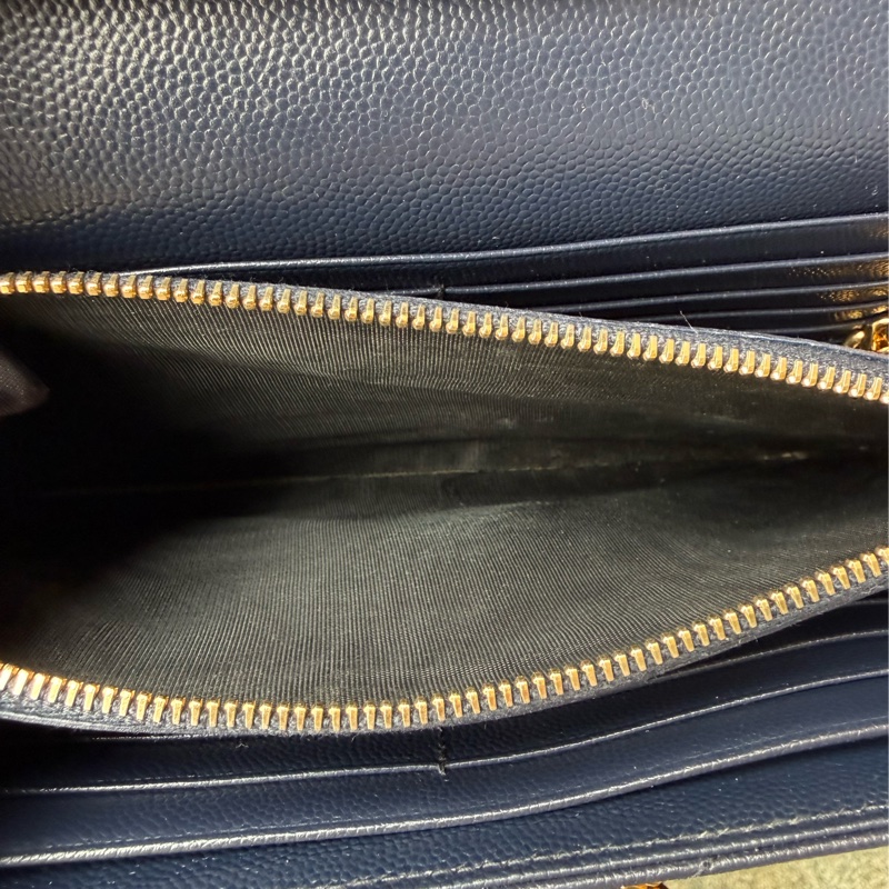 近新YSL深藍色山型紋魚子醬牛皮金鍊 大款WOC /鍊條包/斜背包 377828-15