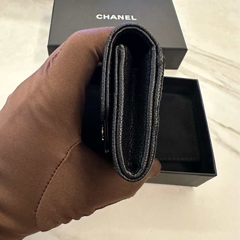 Chanel 荔枝紋牛皮菱格紋黑金釦式零錢包-3