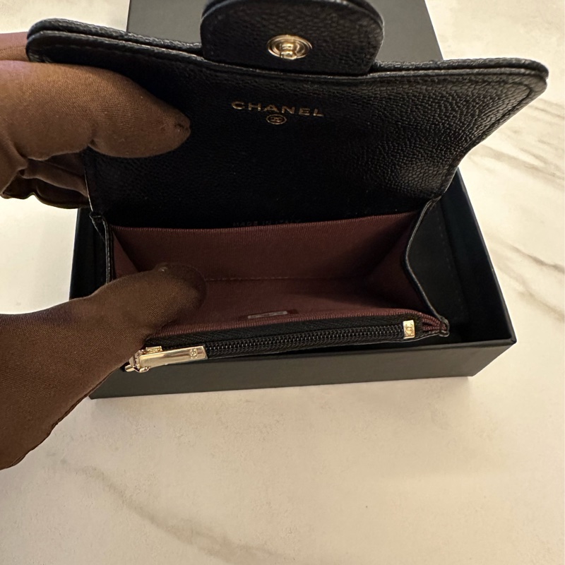 Chanel 荔枝紋牛皮菱格紋黑金釦式零錢包-4