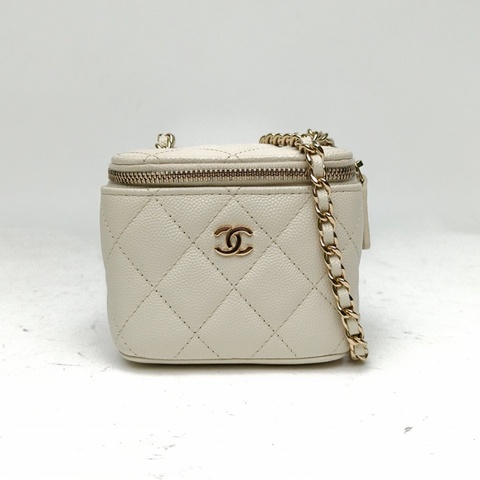 CHANEL 21S盒子化妝包無鏡子白色荔枝牛皮31開金扣