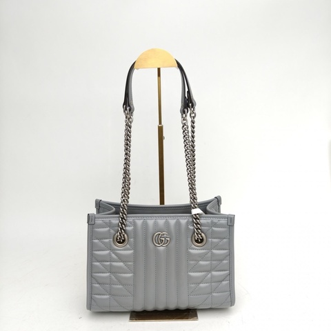 GUCCI 灰色牛皮銀扣GGMarmontTote小號豎紋拼斜紋