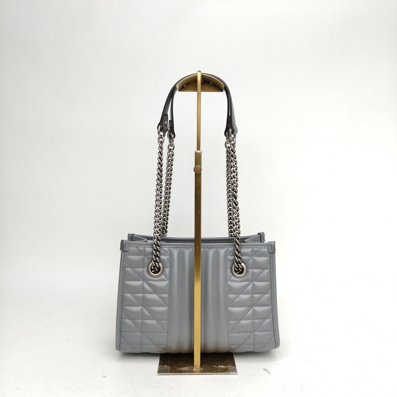 GUCCI 灰色牛皮銀扣GGMarmontTote小號豎紋拼斜紋-2