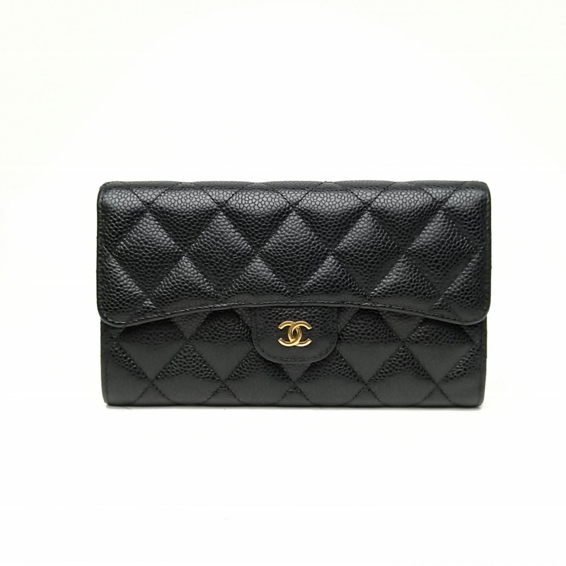 CHANEL 經典長款口蓋錢包黑色荔枝牛皮22開金扣-0