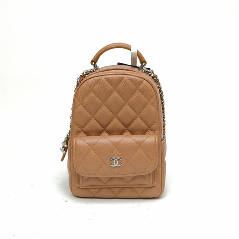 CHANEL 手提前口袋雙肩包奶茶色荔枝牛皮鐳射標銀扣