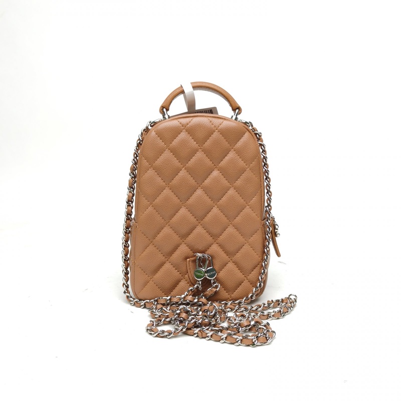 CHANEL 手提前口袋雙肩包奶茶色荔枝牛皮鐳射標銀扣-2