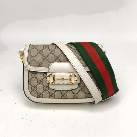 GUCCI Horsebit馬銜扣1955馬鞍包Mini雙肩帶白色PVC金扣