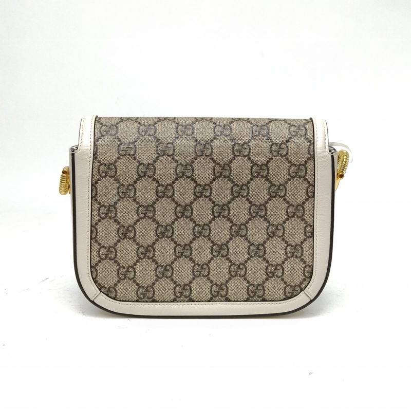GUCCI Horsebit馬銜扣1955馬鞍包Mini雙肩帶白色PVC金扣-2