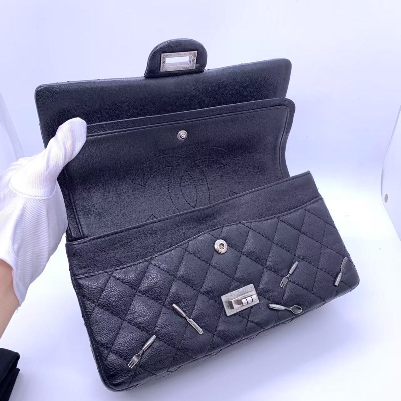 二手Chanel香奈兒限量款2.55中號黑色法餐刀叉限量款鏈條包，鐳射21開-6