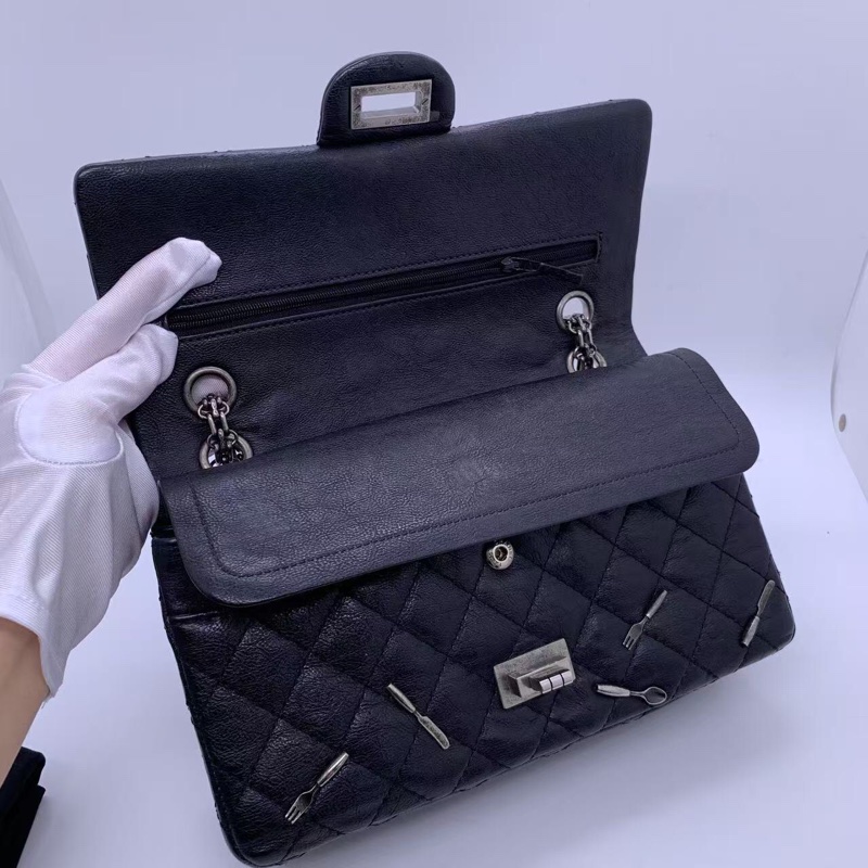 二手Chanel香奈兒限量款2.55中號黑色法餐刀叉限量款鏈條包，鐳射21開-7