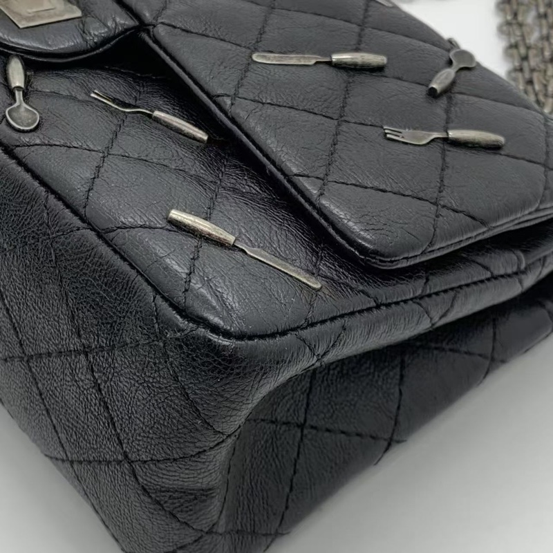 二手Chanel香奈兒限量款2.55中號黑色法餐刀叉限量款鏈條包，鐳射21開-13