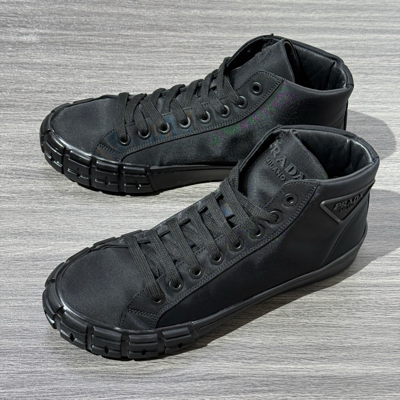 PRADA普拉達 Wheel CASSETTA 帆布 圓頭系帶 高幫 時尚板鞋 男款 黑 41.5碼-0