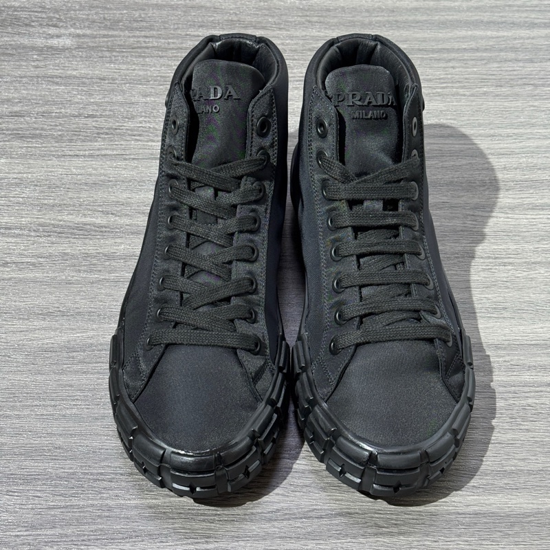 PRADA普拉達 Wheel CASSETTA 帆布 圓頭系帶 高幫 時尚板鞋 男款 黑 41.5碼-3