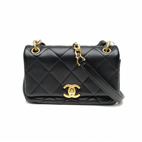 CHANEL 黑色羊皮金扣21P粗鏈條菱格紋口蓋包mini