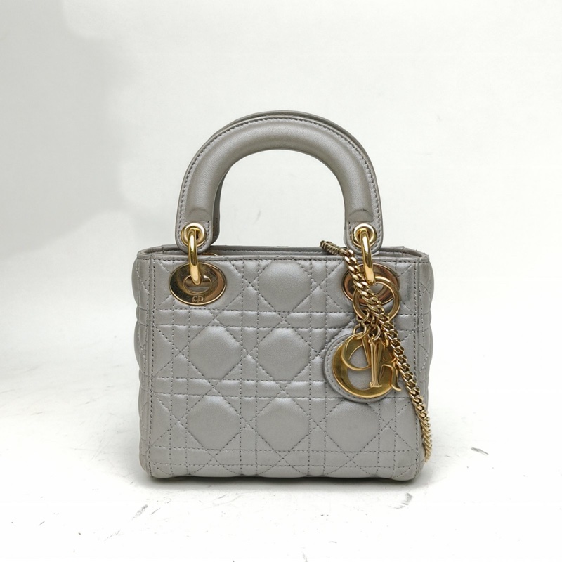 DIOR LadyDior戴妃包三格灰色羊皮金扣2016-0