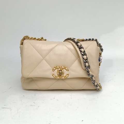 CHANEL 19BAG口蓋包小號米白色羊皮28開金銀扣