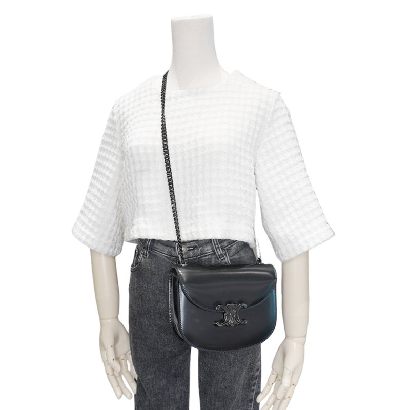 Celine 展示品 So Black Besace Clea 亮面小牛皮手提斜背二用包(黑)-5
