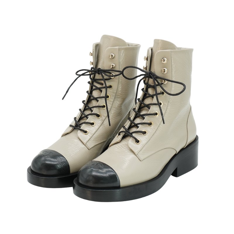 Chanel 亮面牛皮黑灰拚色綁帶中筒靴 #37.5-0