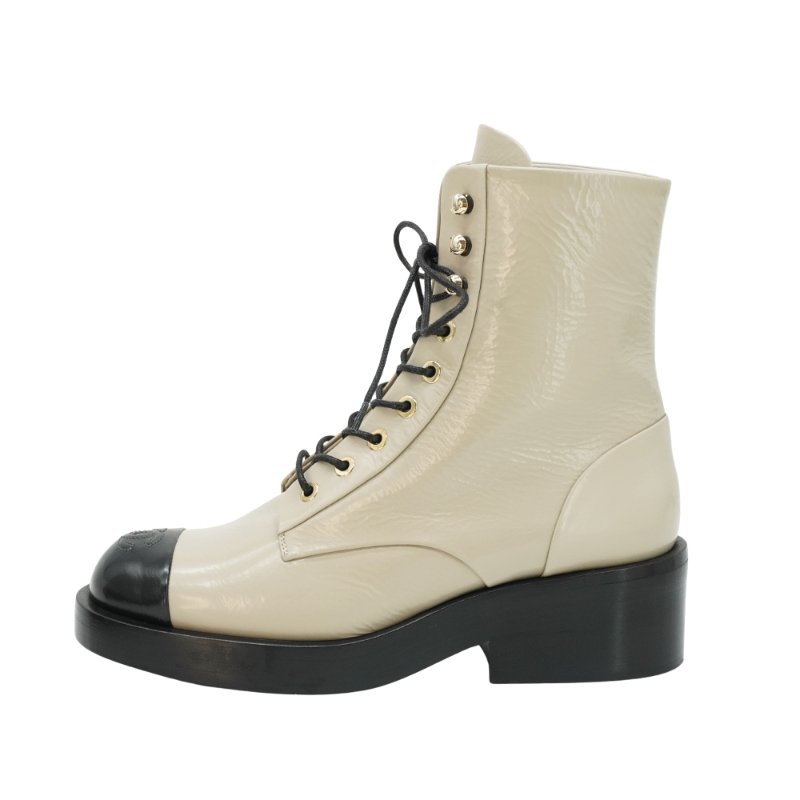 Chanel 亮面牛皮黑灰拚色綁帶中筒靴 #37.5-2